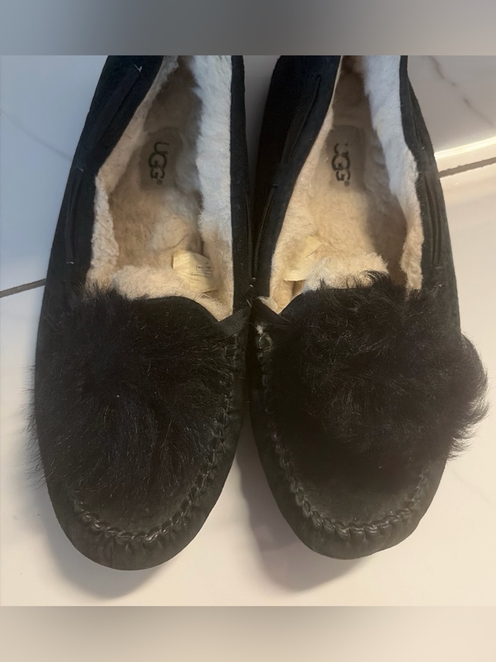 UGG Black Pom Pom Shearling Lined Moccasins